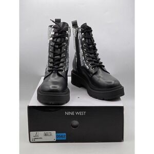 NINE‎ WEST Hediy Sequined Combat Boots in Black Smooth/Silver NEW Sz 8 M